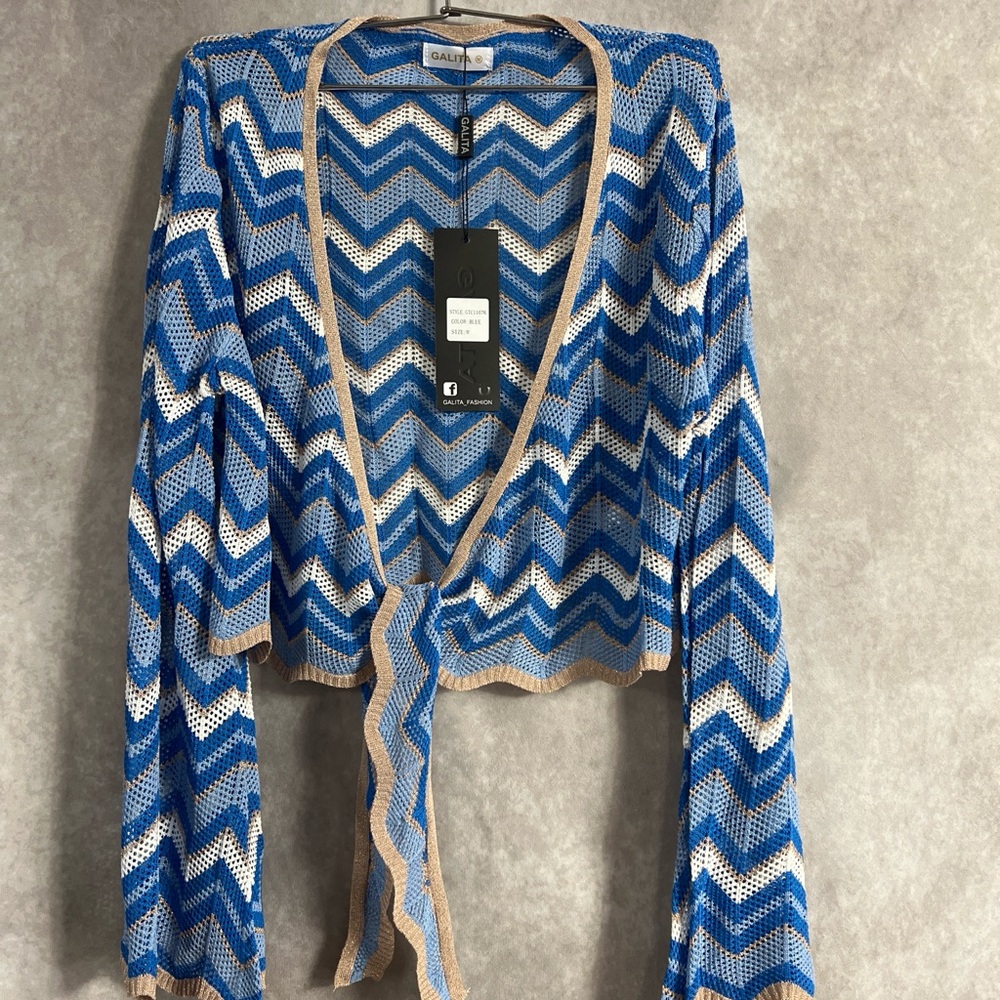 Galtiscopio Blue Chevron Open-Knit Tie-Front Cardigan with Tan Trim